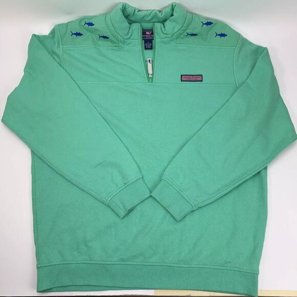 Vineyard Vines Men Quarter Zip Sweatshirt Large Green Tuna Embroidered Pull Over - Picture 1 of 16